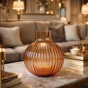 Amber Ribbed Glass Vase | Luxe Modern Home Decor | Sculptural Statement Piece